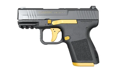 CANIK METE MC9 9MM compact pistol with a 3.18-inch barrel, black/gold finish, and optic-ready slide.