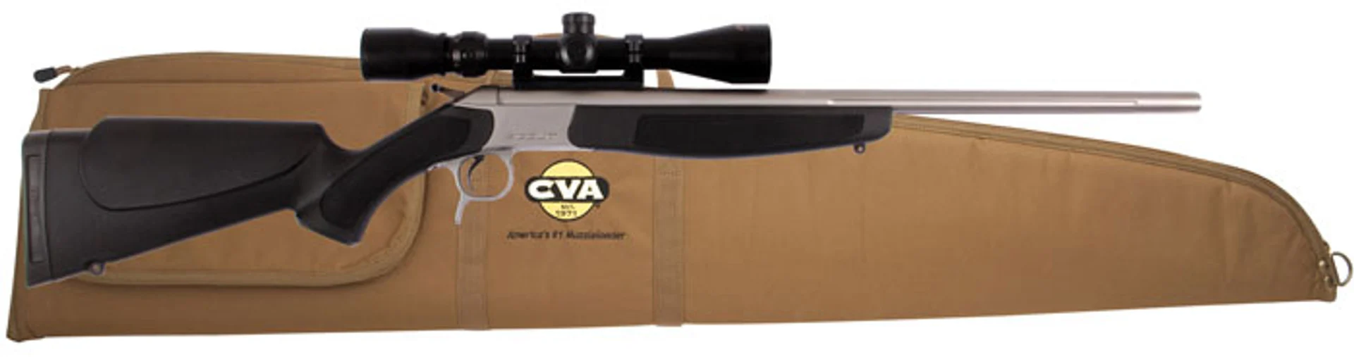 CVA Scout V2 rifle chambered in .44 Magnum with 22-inch stainless barrel, black synthetic stock, and factory-mounted scope