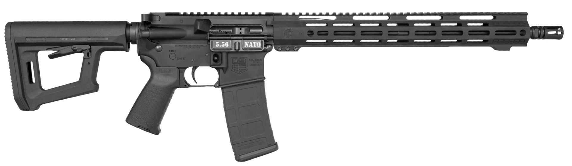 Diamondback DB15 AR-style rifle chambered in 5.56 NATO with 16″ black nitride barrel, 15″ M-LOK handguard, and 30+1 capacity