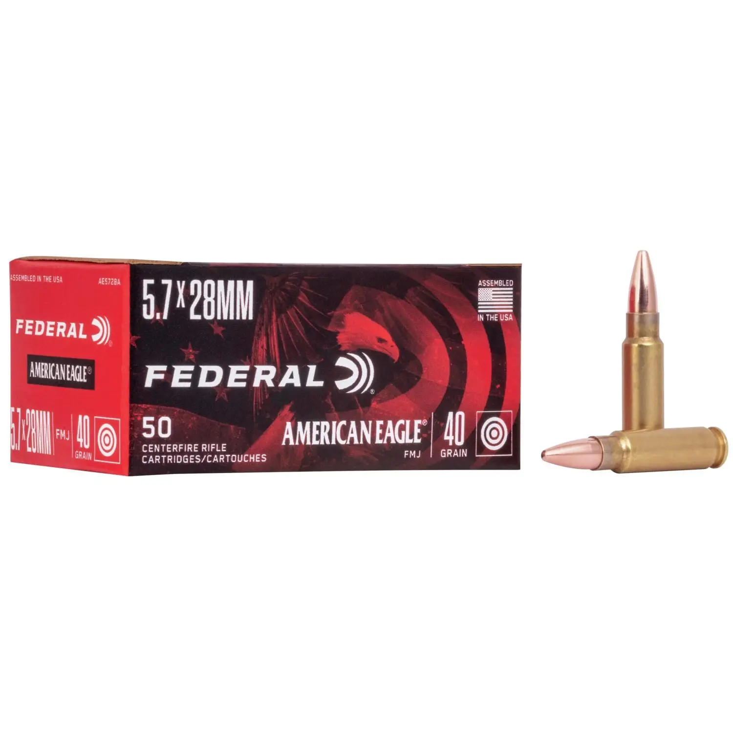Federal AE5728A American Eagle 5.7x28mm 40 grain FMJ ammunition box of 50