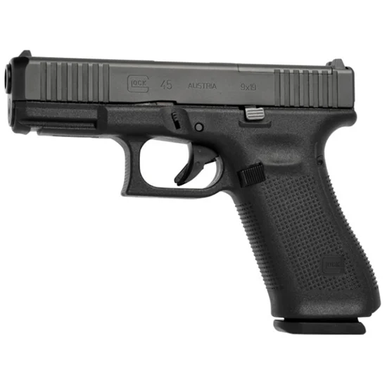 Glock G45 Gen5 MOS 9mm pistol with 4.02" barrel, 10-round capacity, optic-ready slide, front slide serrations, and three magazines