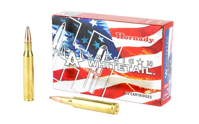Hornady American Whitetail 270 Winchester 130 Grain InterLock SP ammunition featuring a Spire Point design for controlled expansion and deep penetration.