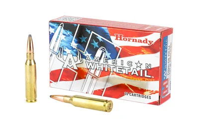 Hornady American Whitetail 7mm-08 Remington 139 Grain InterLock Soft Point ammunition featuring an exposed lead tip for controlled expansion and deep penetration, ideal for deer hunting.