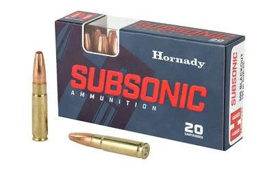 Hornady Subsonic .300 Blackout 190 Grain Sub-X ammo for suppressed firearms with quiet operation and reliable expansion.
