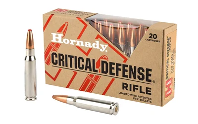 Hornady Critical Defense 308 Winchester 155 Grain FTX ammunition featuring a Flex Tip eXpanding (FTX) bullet designed for rapid expansion and reliable performance in self-defense situations.