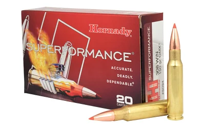 Hornady Superformance .308 Winchester 150 Grain CX ammunition featuring a copper alloy expanding (CX) bullet designed for controlled expansion and deep penetration.