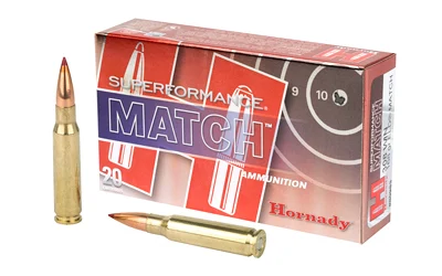 Hornady Superformance Match 308 Winchester 168 Grain ELD Match ammunition featuring an Extremely Low Drag (ELD) Match bullet with Heat Shield tip for superior accuracy and increased velocity.