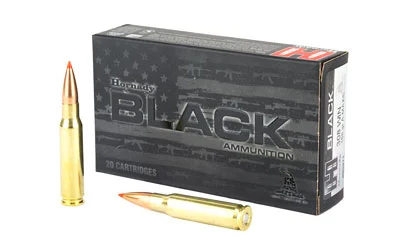 Hornady BLACK .308 Winchester 168 Grain A-MAX ammunition featuring a polymer-tipped bullet designed for superior accuracy and match-grade performance.