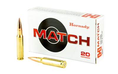 Hornady Match .308 Winchester 168 Grain BTHP ammunition featuring a Boat Tail Hollow Point (BTHP) bullet designed for exceptional accuracy and consistency.