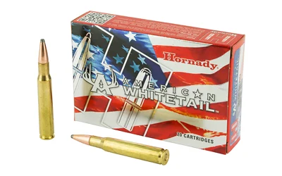 Hornady American Whitetail .30-06 Springfield 180 Grain InterLock Soft Point ammunition featuring an exposed lead tip for controlled expansion and deep penetration, ideal for deer hunting.
