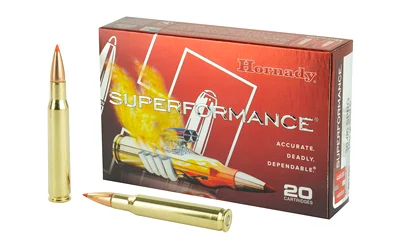 Hornady Superformance 30-06 Springfield 180 Grain SST ammunition featuring a Super Shock Tip (SST) bullet designed for rapid expansion and deep penetration.