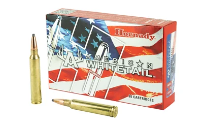 "Hornady American Whitetail .300 Win Mag 150 Grain InterLock SP ammunition box with cartridges, designed for precision hunting."