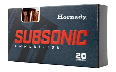Hornady Subsonic .450 Bushmaster 395 Grain Sub-X ammunition featuring a Subsonic eXpanding (Sub-X) bullet designed for reliable expansion at subsonic velocities.