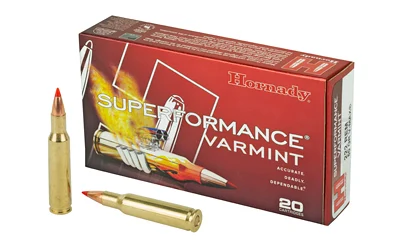"Hornady Superformance .222 Rem 50 Grain V-MAX ammunition box with cartridges, designed for high-speed varmint hunting."