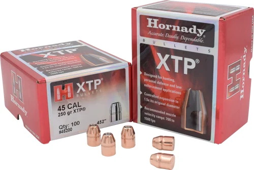 Hornady 45200 XTP .45 Caliber 250-grain hollow point bullets, 100-count box, designed for self-defense and hunting applications.