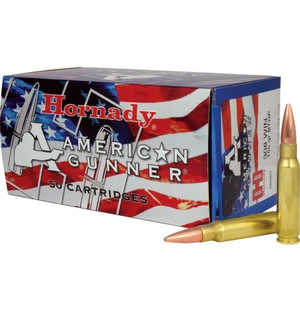 Hornady American Gunner .308 Win 155 Grain HP bulk rifle ammunition for target shooting, hunting, and self-defense with superior accuracy and controlled expansion.
