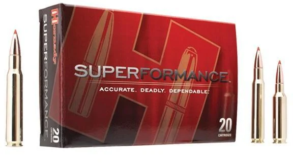 Hornady Superformance .338 Winchester Magnum 200 Grain SST ammunition featuring a polymer-tipped bullet designed for rapid expansion and high ballistic efficiency, ideal for hunting medium to large game.