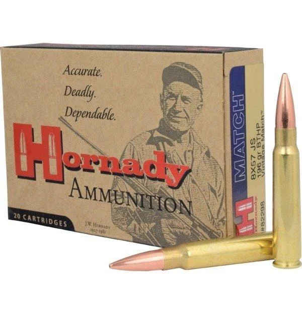 Hornady Vintage Match 8x57mm Mauser 196 Grain BTHP ammo for precision shooting and historical rifle performance.