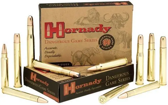 Hornady Dangerous Game Series 9.3x74R 286 Grain InterLock SP-RP ammunition featuring a spire point-recoil proof bullet designed to prevent tip deformation during recoil, ensuring deep penetration and reliable performance on dangerous game.