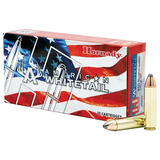Hornady American Whitetail .450 Bushmaster 245 Grain InterLock SP hunting ammunition with controlled expansion and deep penetration.