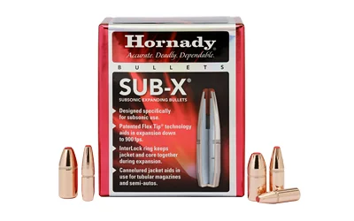 Hornady 45052 Sub-X Bullets – .45 caliber (0.458 inches) 410-grain Subsonic eXpanding (Sub-X) bullets with Flex Tip technology, designed for subsonic hunting and shooting, packaged 50 per box.