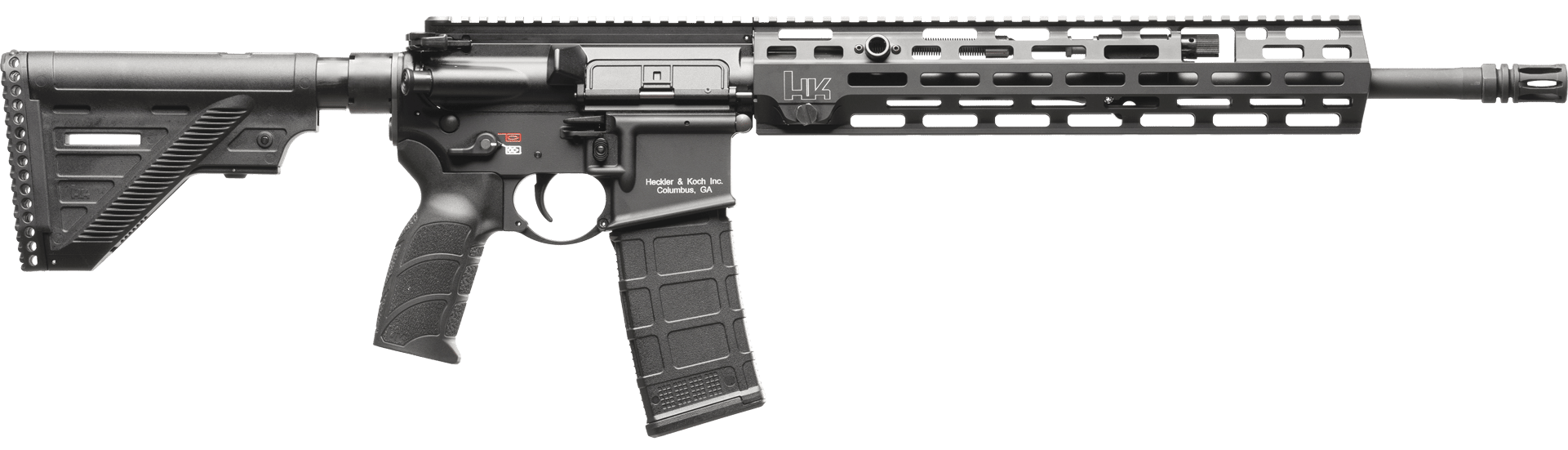 HK MR556 A4 16.5" feature diagram showing M-LOK handguard, gas regulator, ambidextrous controls and stock