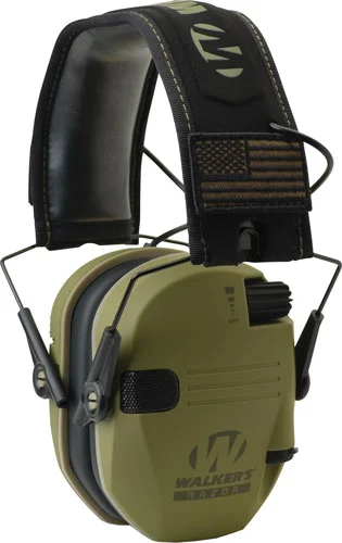 Walker's Razor Slim Patriot Electronic Earmuffs in OD Green, featuring ultra-low profile ear cups and sound-activated compression.