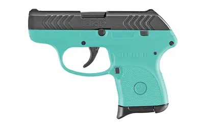Ruger LCP .380 ACP pistol with turquoise polymer frame, black alloy steel slide, 2.75-inch barrel, and 6-round magazine