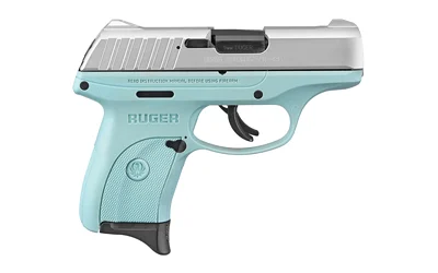 Ruger EC9s 9mm pistol with 3.1-inch barrel, turquoise Cerakote frame, black oxide slide, and 7-round magazine