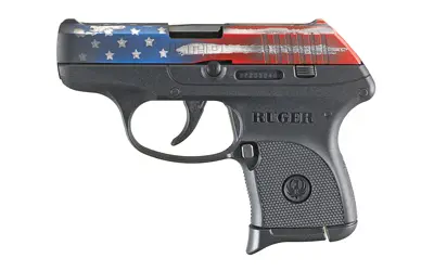Ruger LCP .380 ACP micro-compact pistol with USA flag slide, black polymer frame, and 6-round magazine
