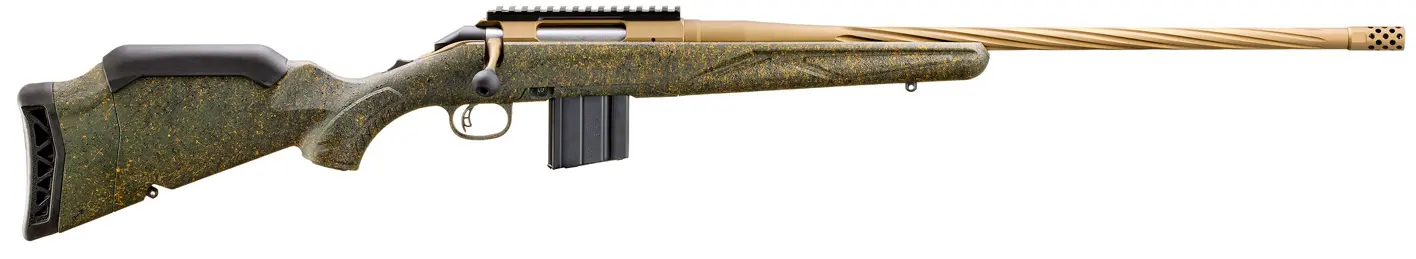 Ruger American Rifle Gen 2 Predator, 6.5 Grendel, 22″ Threaded Barrel, 10 Rounds, Burnt Bronze Cerakote, Green Splatter Stock – 46942