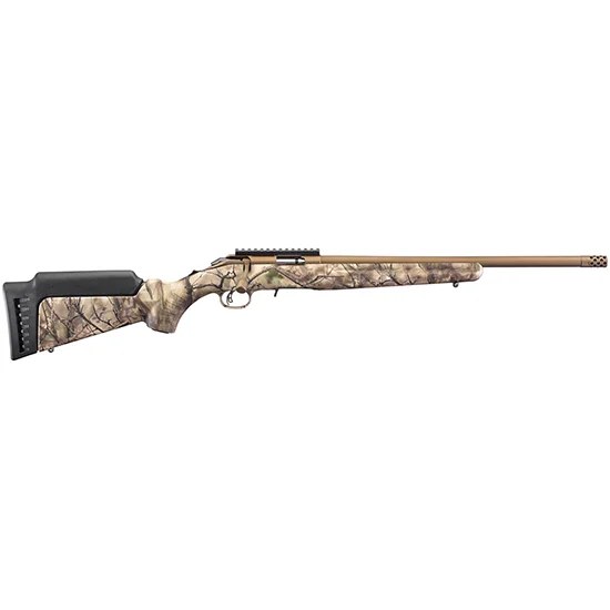 Ruger American Rimfire Target Rifle, .17 HMR, 18′′ Threaded Barrel, 9 Rounds, Burnt Bronze Cerakote, GO Wild Camo I-M Brush Synthetic Stock – 8374