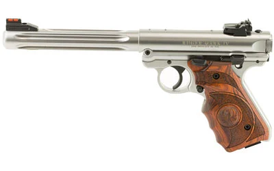 Ruger Mark IV Hunter .22 LR pistol with 6.88-inch fluted stainless steel bull barrel, fiber optic sights, and 10-round capacity