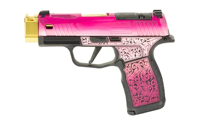 Sig Sauer P365X 9mm pistol with 3.7" barrel, 12-round capacity, and Ladybug Cerakote finish.