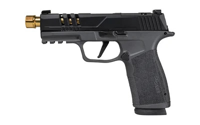 Sig Sauer P365 X-Macro 9mm pistol with 4.3" gold threaded barrel, 17-round capacity, black Cerakote slide, and gray frame.