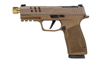 SIG SAUER P365 XMACRO 9MM pistol with 4.3-inch gold threaded barrel and Sand Cerakote finish