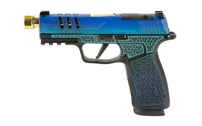 Sig Sauer P365 X-Macro 9mm pistol with 4.3" threaded gold barrel, 17-round capacity, and Galactic June Bug Cerakote frame.