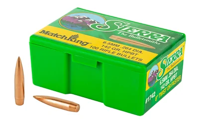 Sierra 1742 MatchKing Bullets – 6.5mm (.264 inches) 142-grain Hollow Point Boat Tail (HPBT) bullets, designed for long-range precision shooting, packaged 100 per box.