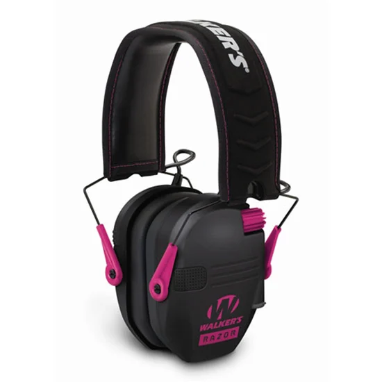 Walker's Razor Slim Electronic Earmuffs in Black/Pink, featuring ultra-low profile ear cups and sound-activated compression.