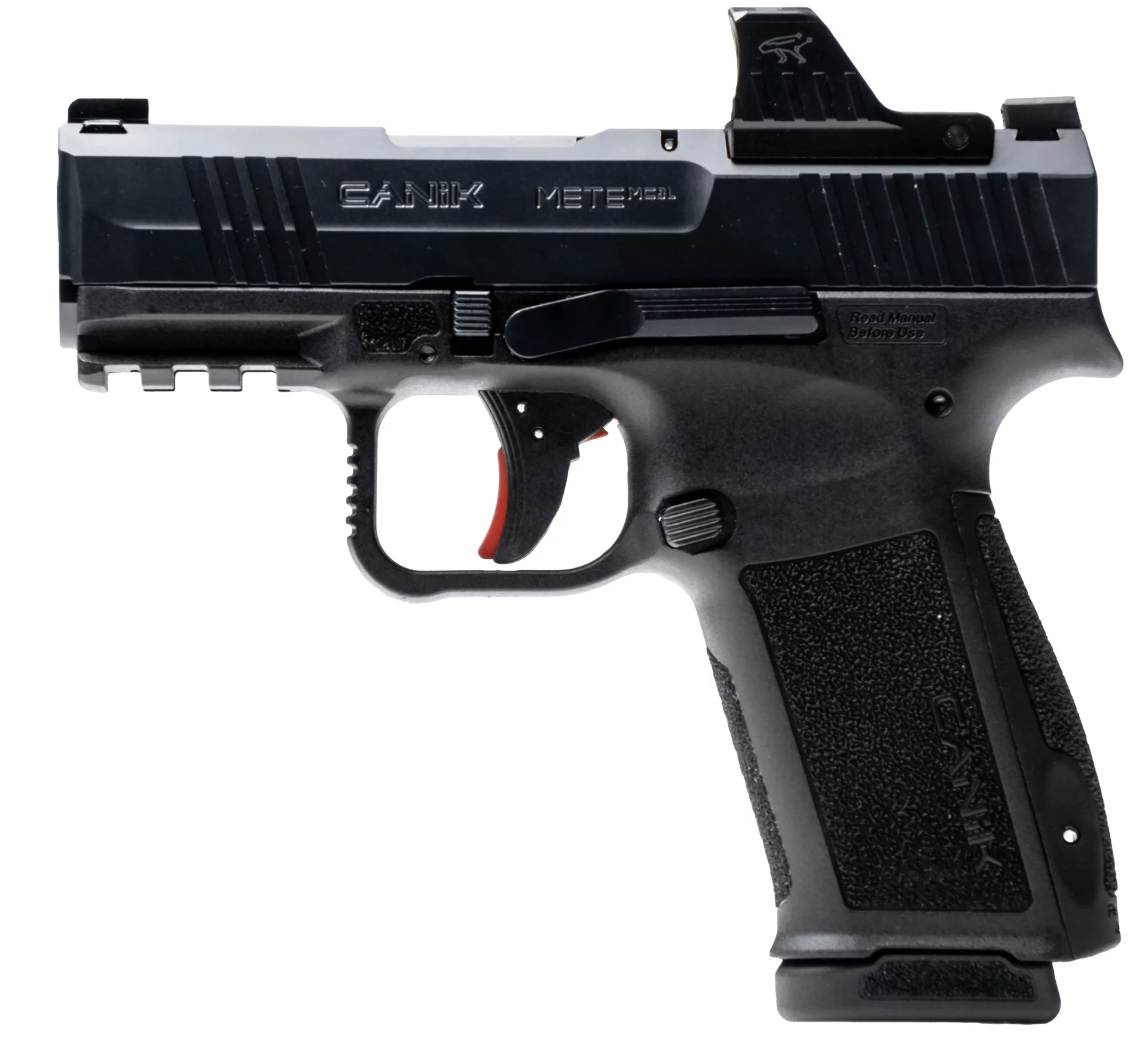 Canik METE MC9L 9mm pistol, black finish, 17+1 capacity, 4.2-inch barrel, optics-ready, ergonomic grip design.