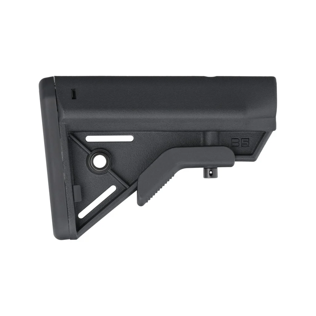B5 Bravo Stock in black featuring ergonomic cheek weld, steel QD sling mount, and anti-slip buttpad