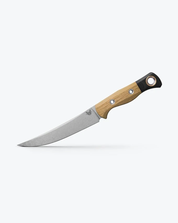 Benchmade Meatcrafter 4050-02 fixed-blade knife featuring a 6.14-inch CPM-154 trailing point blade, Maple Valley Richlite handle, and black G10 bolster with gold accent ring.