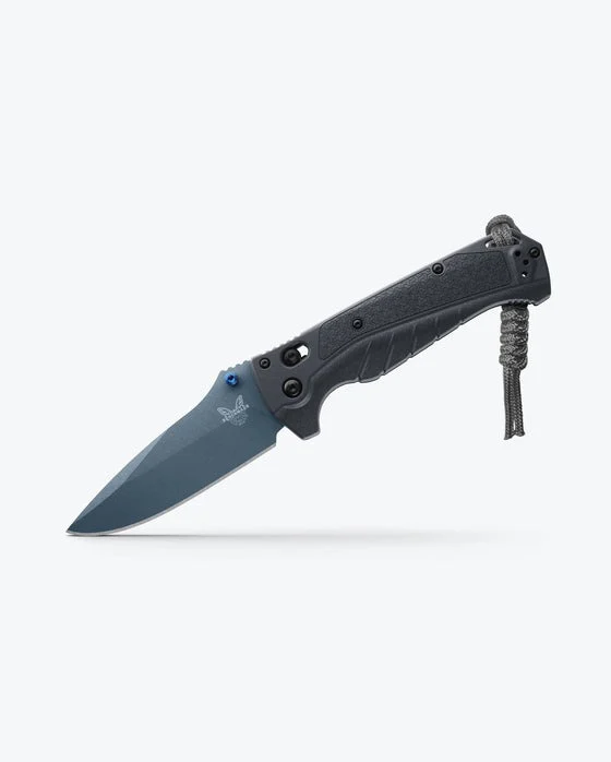 Benchmade Adira 18060BT-01 folding knife with 3.88-inch CPM-MagnaCut drop-point blade, Tempest Gray Grivory handle, and blue Cerakote finish.