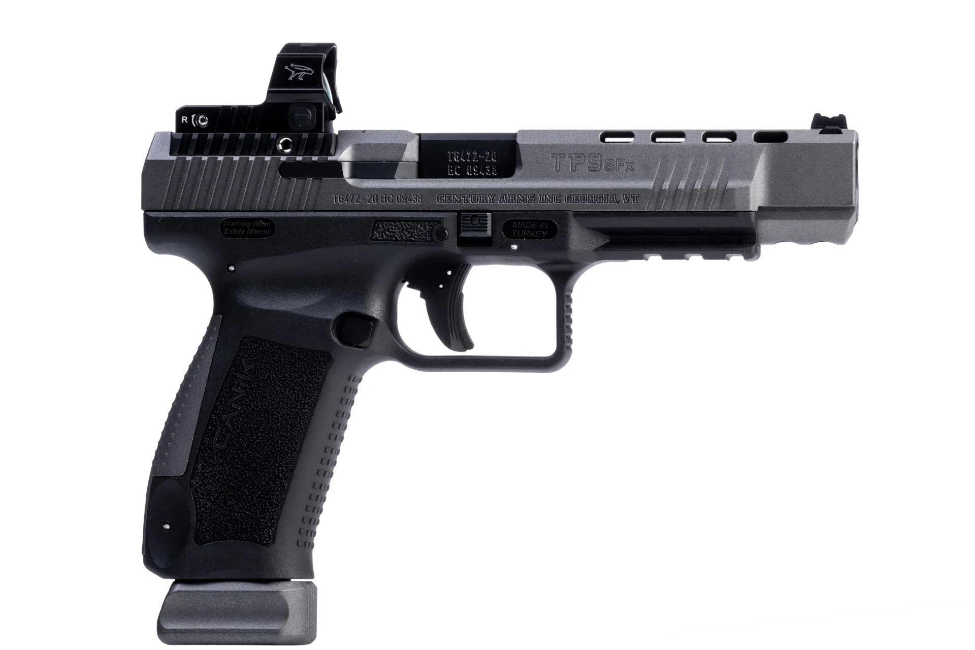 Canik TP9SFX, 9mm, 5-inch barrel, tungsten finish, competition pistol, MO2 optic mount.