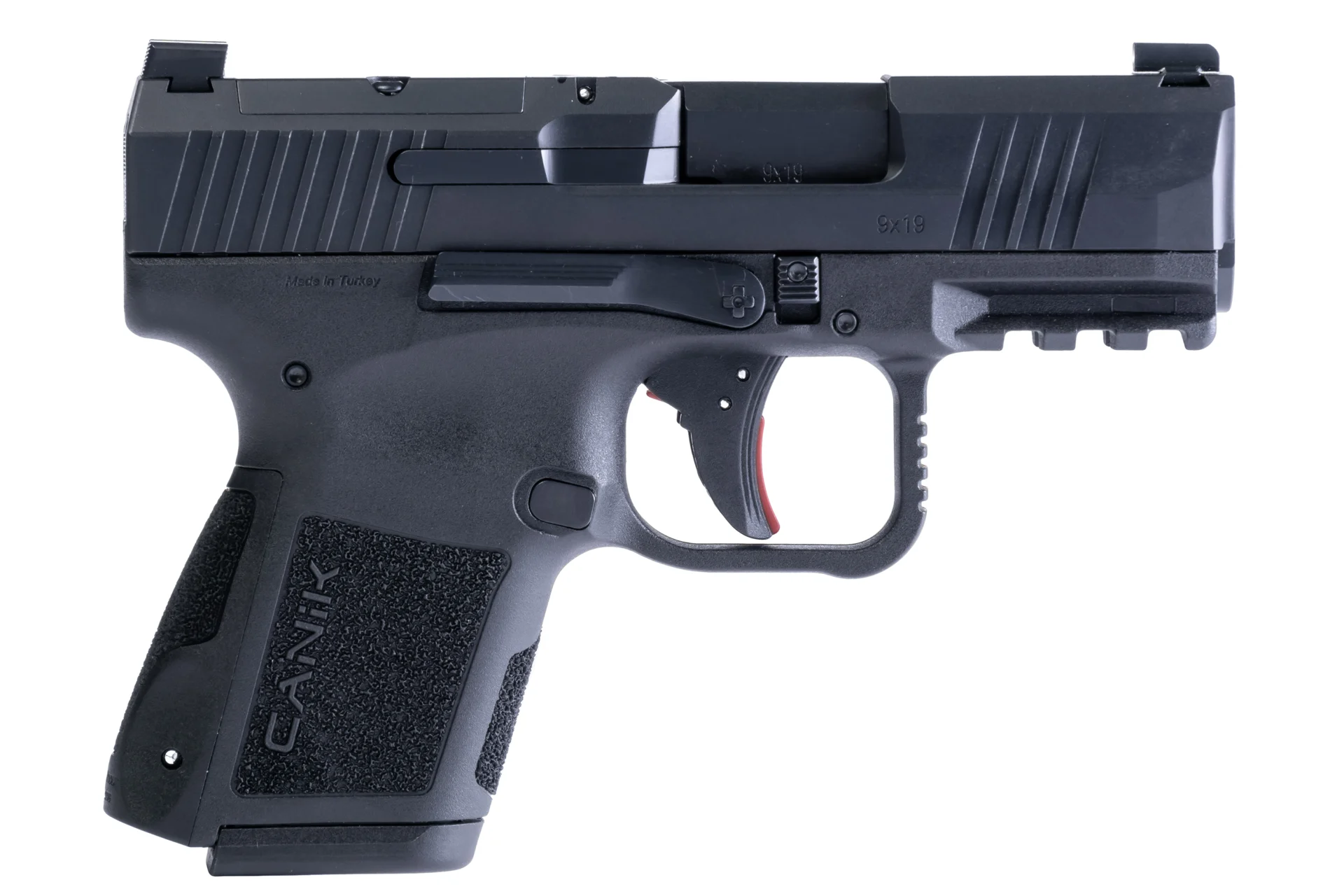 CANIK METE MC9 9MM pistol in black with a 15+1 capacity, designed for concealed carry with a compact frame and sleek design.