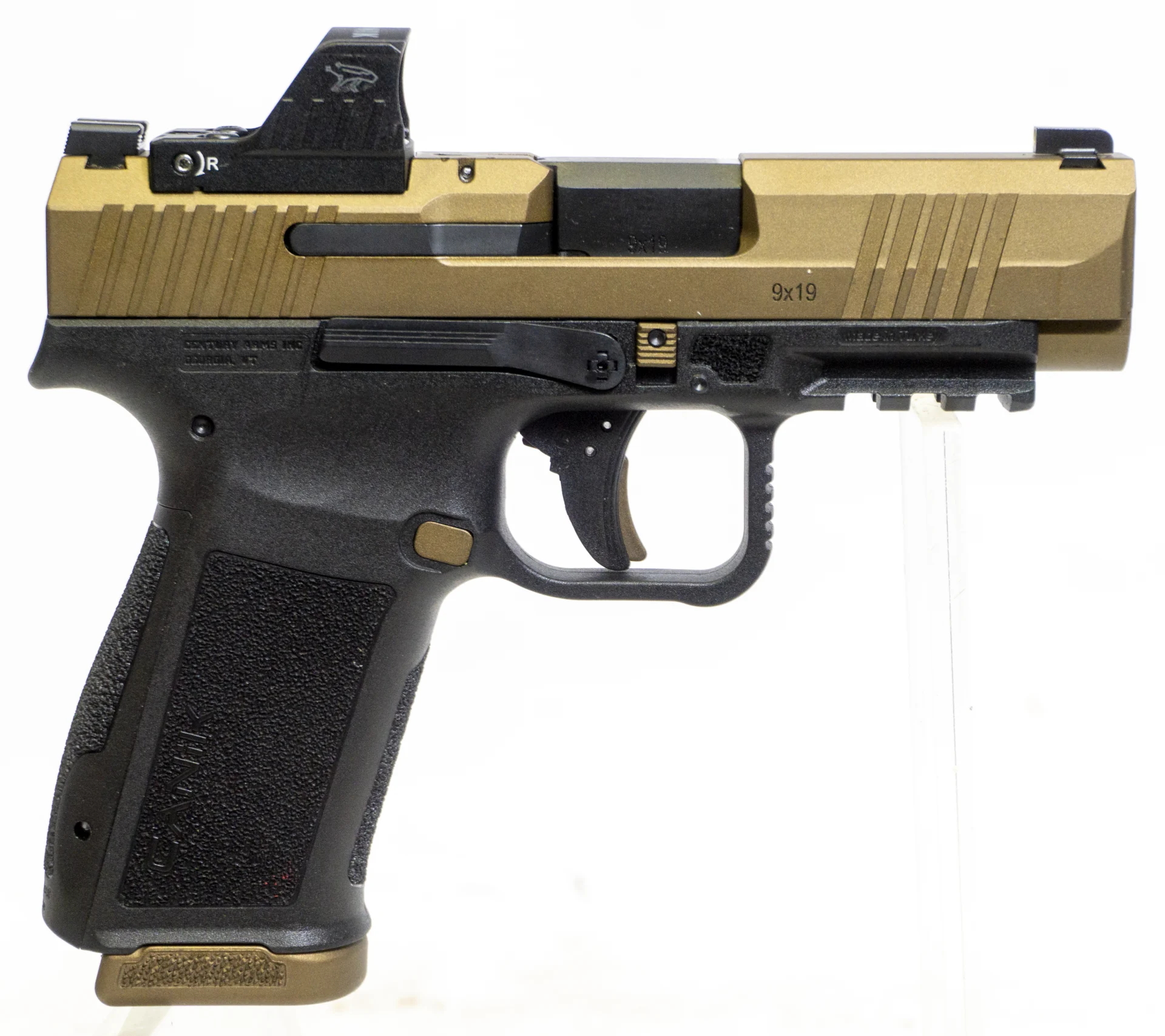 Canik METE MC9LS 9mm pistol with bronze and black finish, 17+1 capacity, and MO1 optic compatibility.