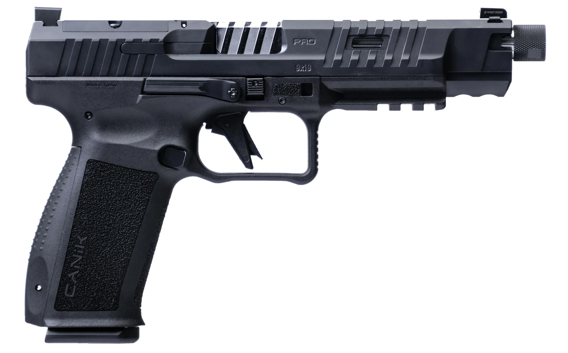 CANIK METE SFX PRO 9MM pistol with a threaded barrel, black finish, 20-round capacity, and optic-ready slide.