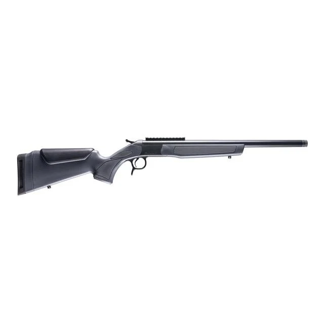 CVA Scout single-shot rifle chambered in .300 Blackout with 16.5" threaded barrel and gray synthetic stock