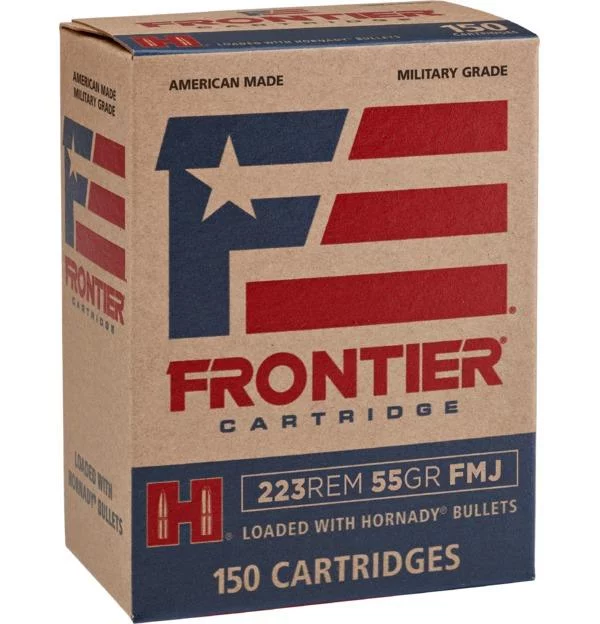 Hornady Frontier .223 Remington 55 Grain FMJ target ammo with dependable accuracy, smooth feeding, and bulk 150-round packaging.