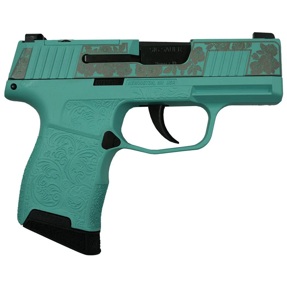Sig Sauer P365 "Gun & Roses-Robin's Egg Blue" 9mm pistol with Robin's Egg Blue grip, optic-ready slide, 3.1" barrel, and X-RAY 3 sights.
